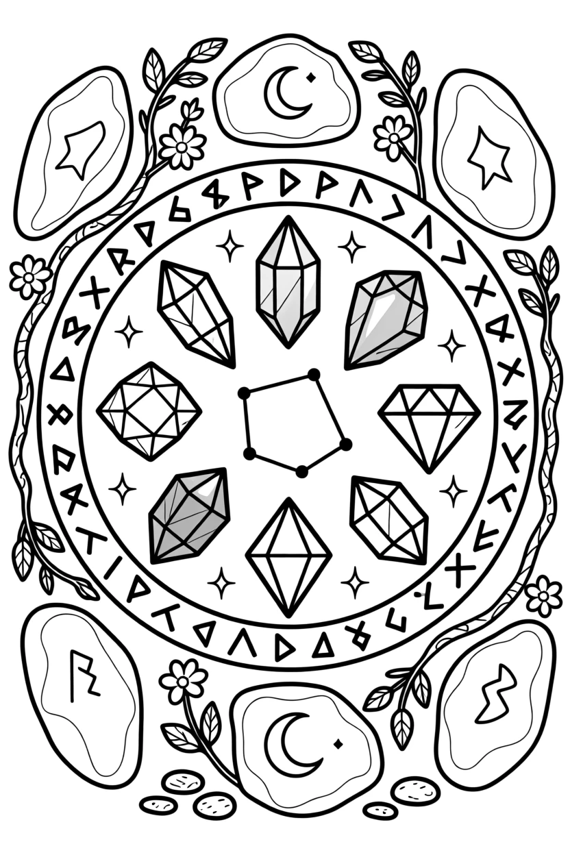 A collection of crystals and gemstones arranged in a circle, with glowing runes etched into the surrounding stones.