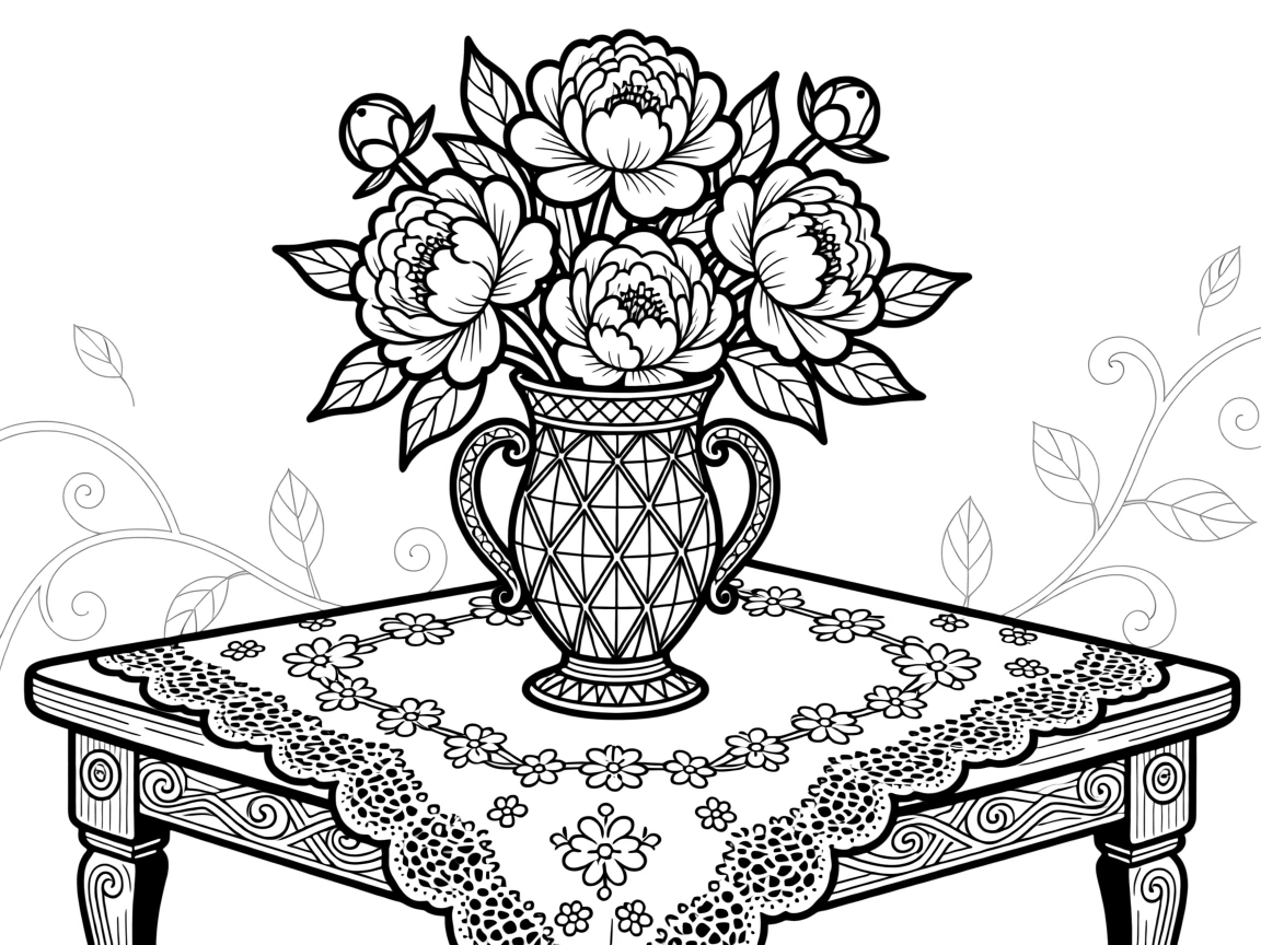 A cluster of blooming peonies in a cut-crystal vase beside a lace tablecloth.