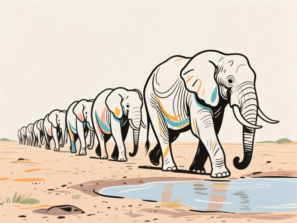 A herd of elephants walking single file across a dusty plain toward a watering hole.