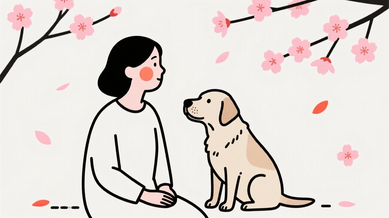 A mother with a gentle old labrador, gazing thoughtfully into the distance, in a blooming cherry blossom garden.
