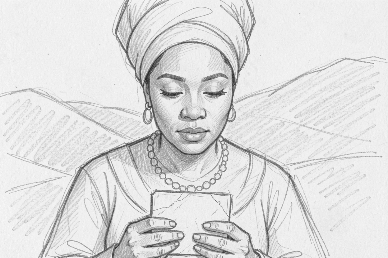 Intimate close-up of a regal African queen against a backdrop of rolling hills, clutching an old photograph.
