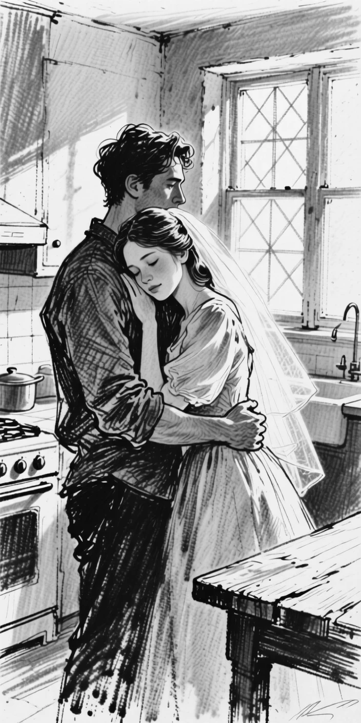 A bride resting their head on a partner's shoulder, in a sunlit kitchen.
