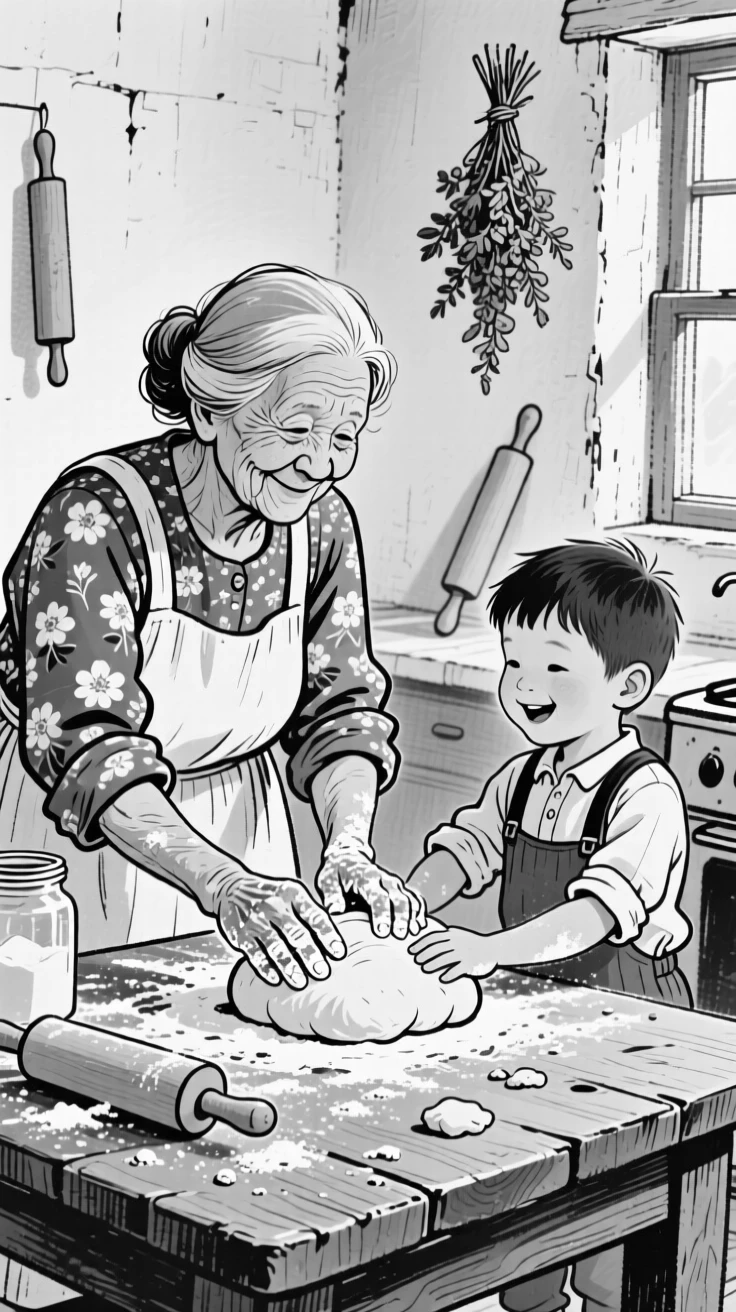 A grandmother and her grandchild kneading bread dough together at a rustic kitchen table, flour dusting their hands and the countertop.