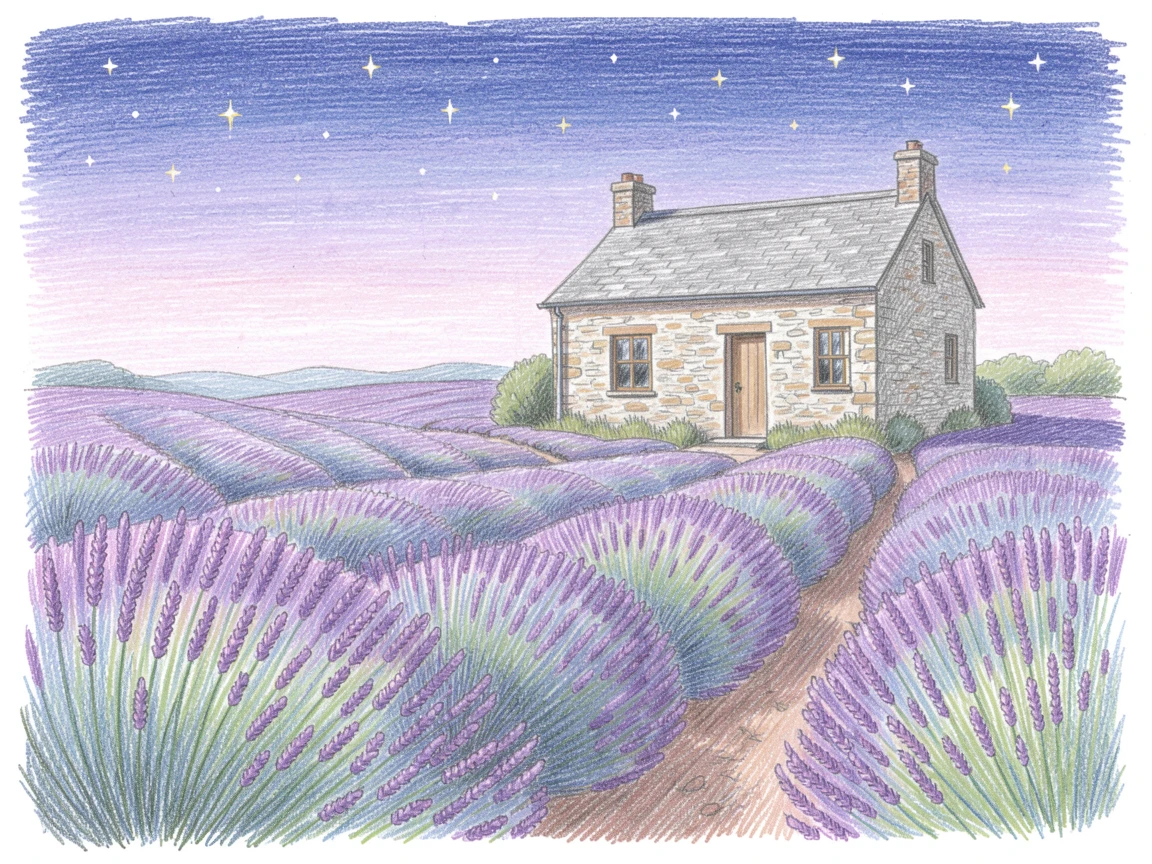 Rolling lavender fields stretching toward a distant stone farmhouse, beneath a sky scattered with early evening stars, radiating calm, restorative serenity.