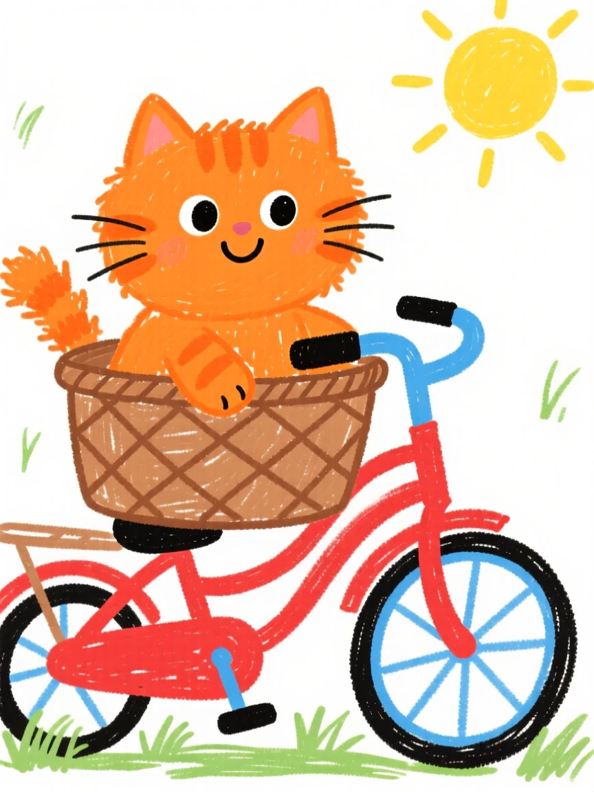 A fluffy orange kitten riding along in a bicycle basket.
