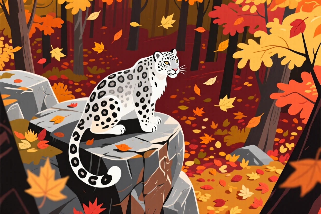 A majestic snow leopard perched on a rocky ledge, nestled inside a cozy autumn forest with falling leaves, shown from above in a charming bird's-eye view, with vivid, richly saturated colors that pop.