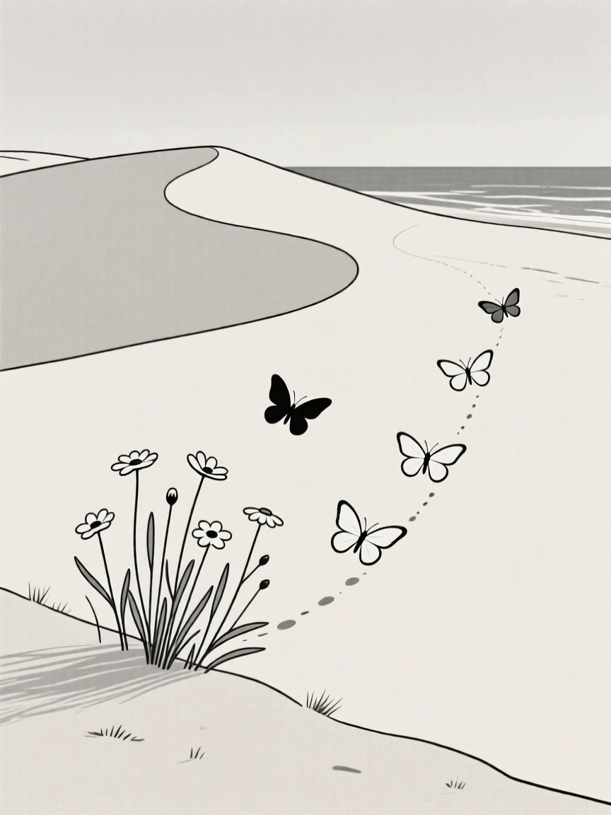 A field of wildflowers, standing at the edge of a coastal dune landscape, with a trail of butterflies nearby, evokes quiet solitude.