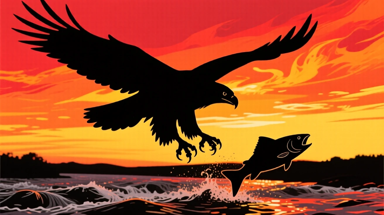 An eagle folding its wings mid-dive toward a rushing river, talons extended just above the water's surface where a fish leaps.