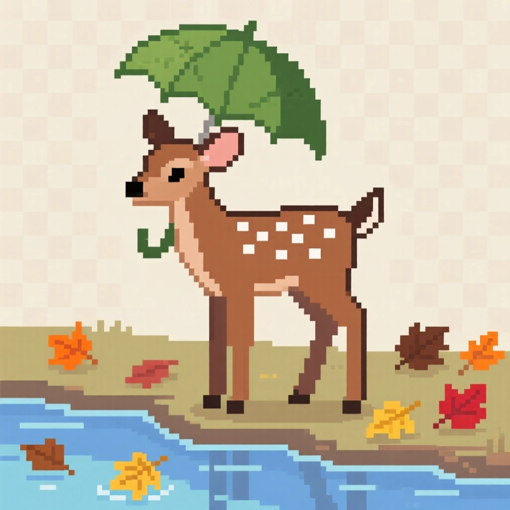 A spotted fawn carrying an umbrella made from a leaf, on a riverbank scattered with fallen leaves.