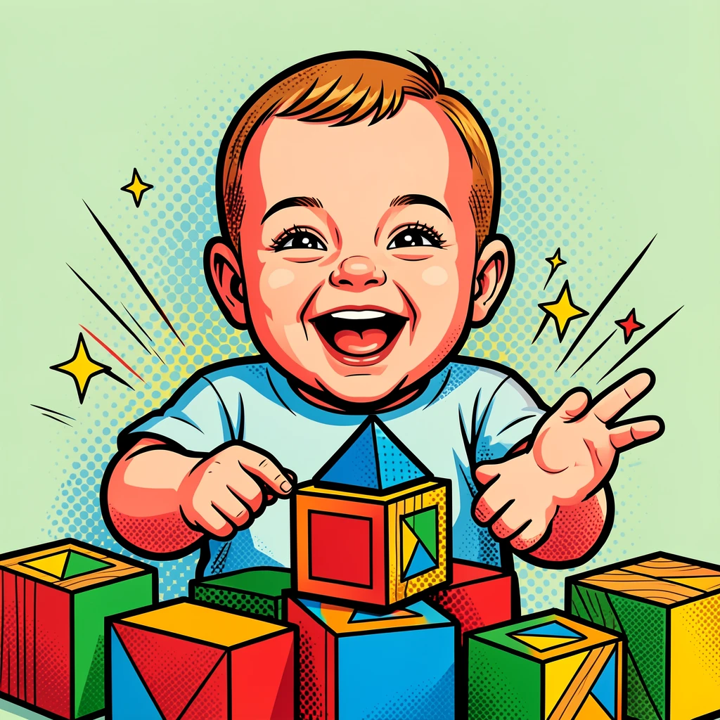A baby giggling while playing with elaborate wooden blocks