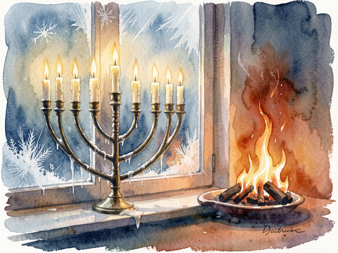 A Hanukkah menorah glowing in a frosty window with a crackling fire nearby.