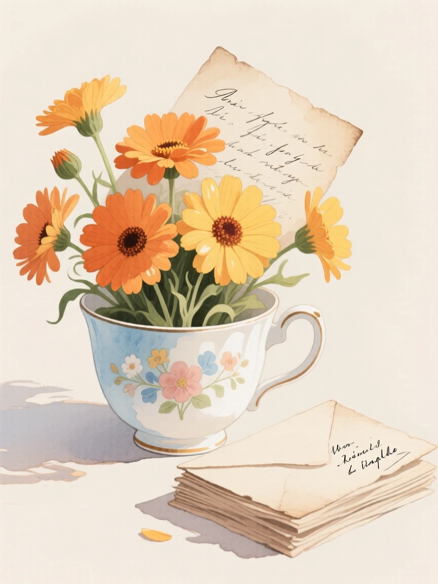 A bouquet of marigolds in soft, layered tones fills a hand-painted teacup beside a stack of handwritten letters, petals catching the gentle light