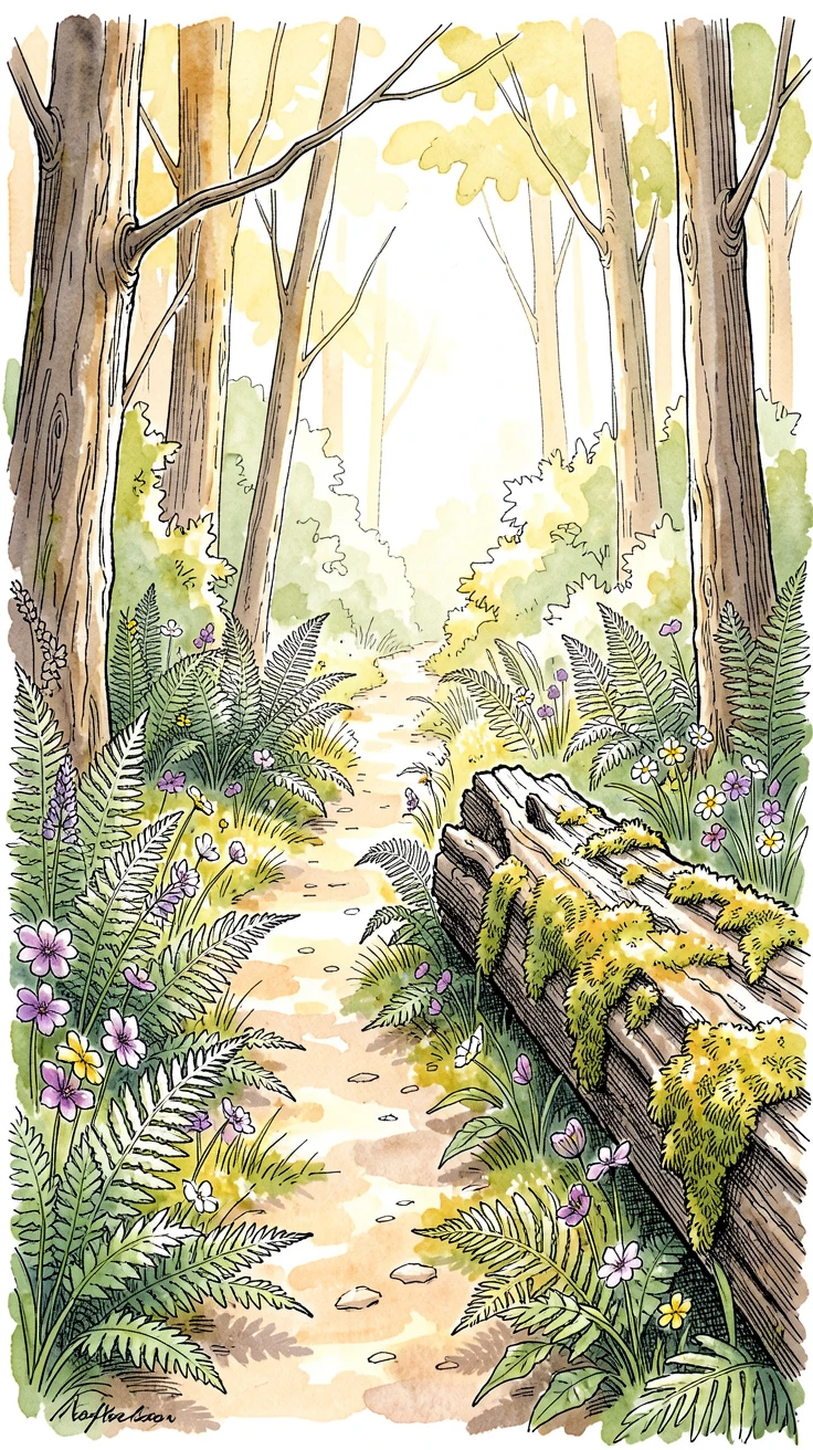 A quiet forest path dappled with morning light, ferns and wildflowers crowding the edges, a fallen log covered in moss beside the trail