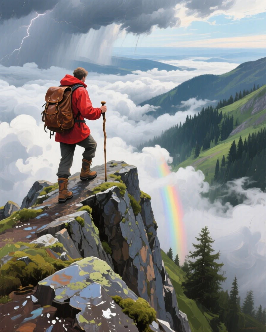 a lone hiker on a narrow ridge above a cloud-filled valley, just after a summer storm, with a clear foreground, subject, and distant setting.