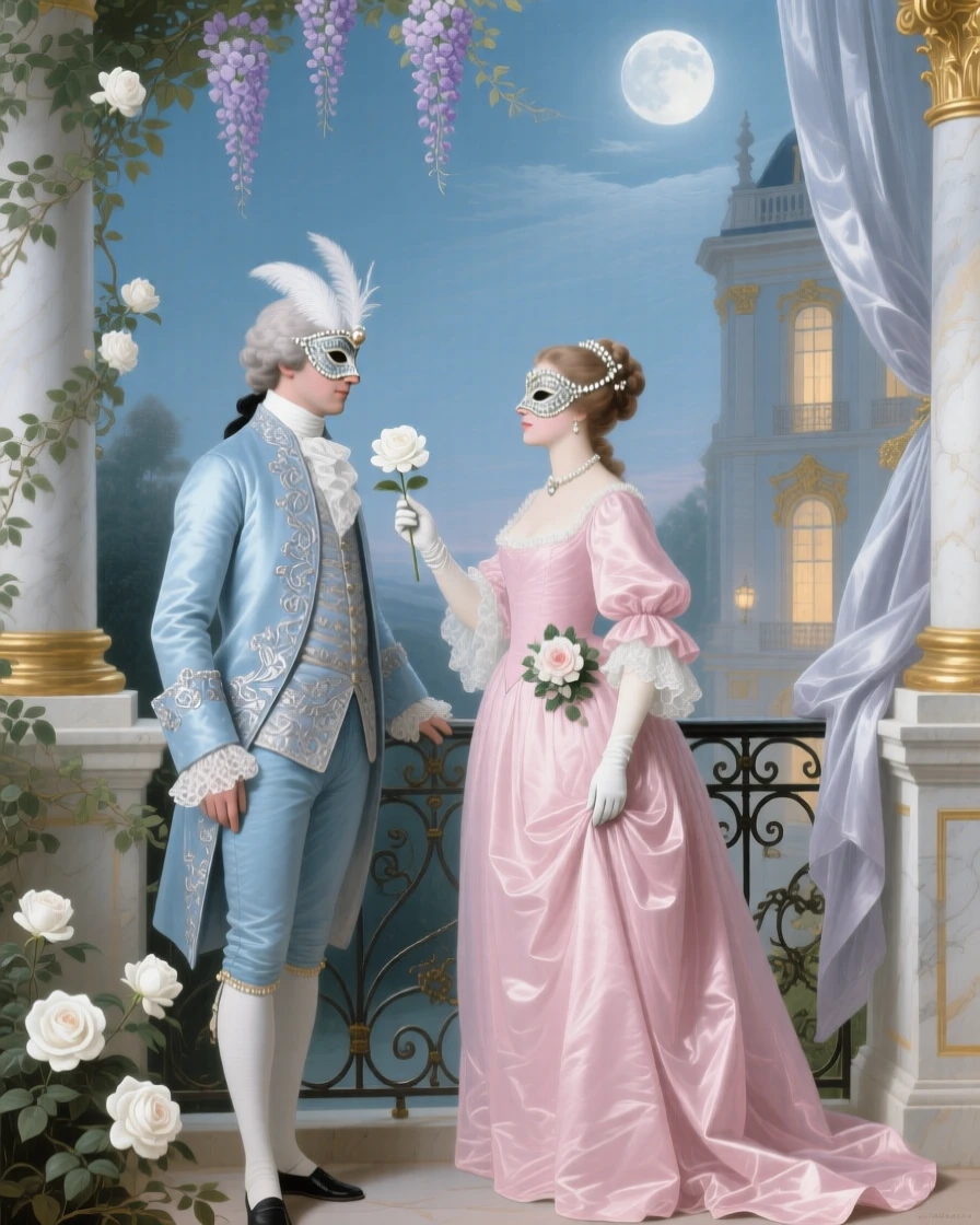 A moonlit palace terrace where masked lovers exchange a single white camellia  