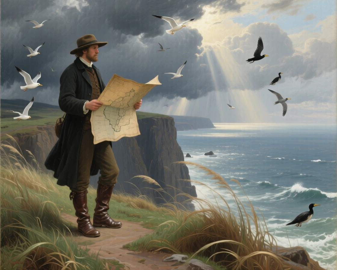 Beneath gathering clouds, A solitary traveler on a high coastal cliff, holding a weathered map as seabirds wheel below, surrounded by a vast storm-cleared ocean, sunbeams breaking through distant clouds; wind-tossed grasses create a sweeping path through the scene, courage and uncertainty meet in a single suspended moment.