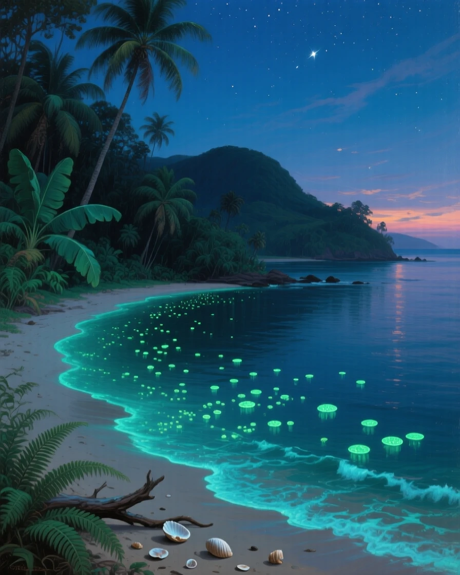 A bioluminescent bay glowing softly along a tropical shoreline, with reflections doubling the beauty of the landscape, radiating tranquility and the timeless beauty of the natural world