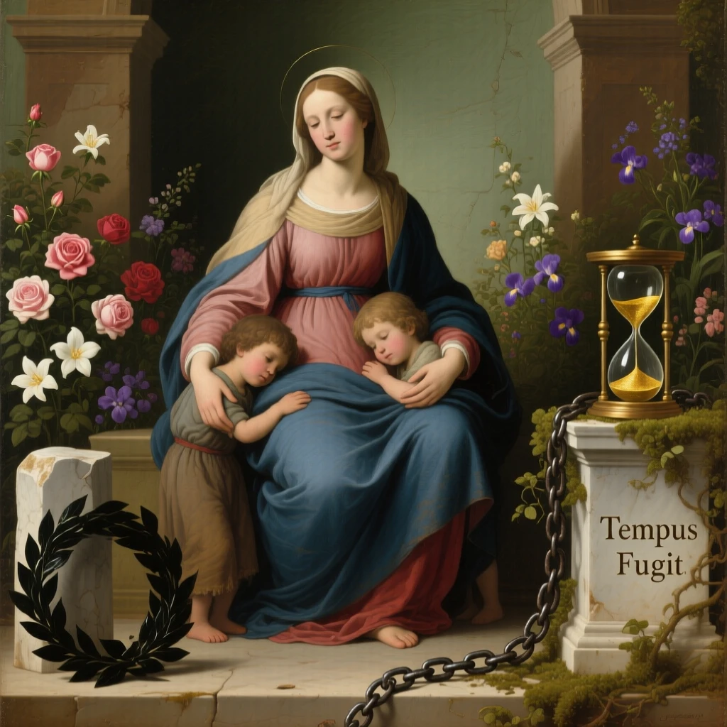 The spirit of Charity sheltering the poor beneath her cloak in a gesture that speaks to all of humanity, set within a garden where every bloom carries hidden meaning, with symbolic objects such as a broken chain, an hourglass, or a laurel wreath placed with quiet intention; the composition balances opposing symbolic elements on either side of the central figure, capturing the eternal struggle between light and shadow.