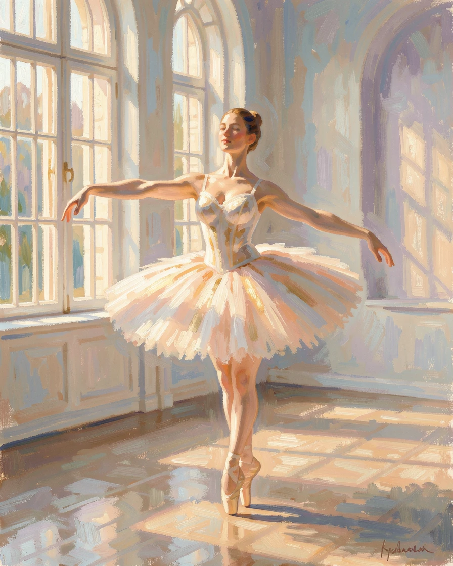 A ballerina caught mid-pose in a sunlit studio, her tutu catching the golden afternoon light through tall windows.