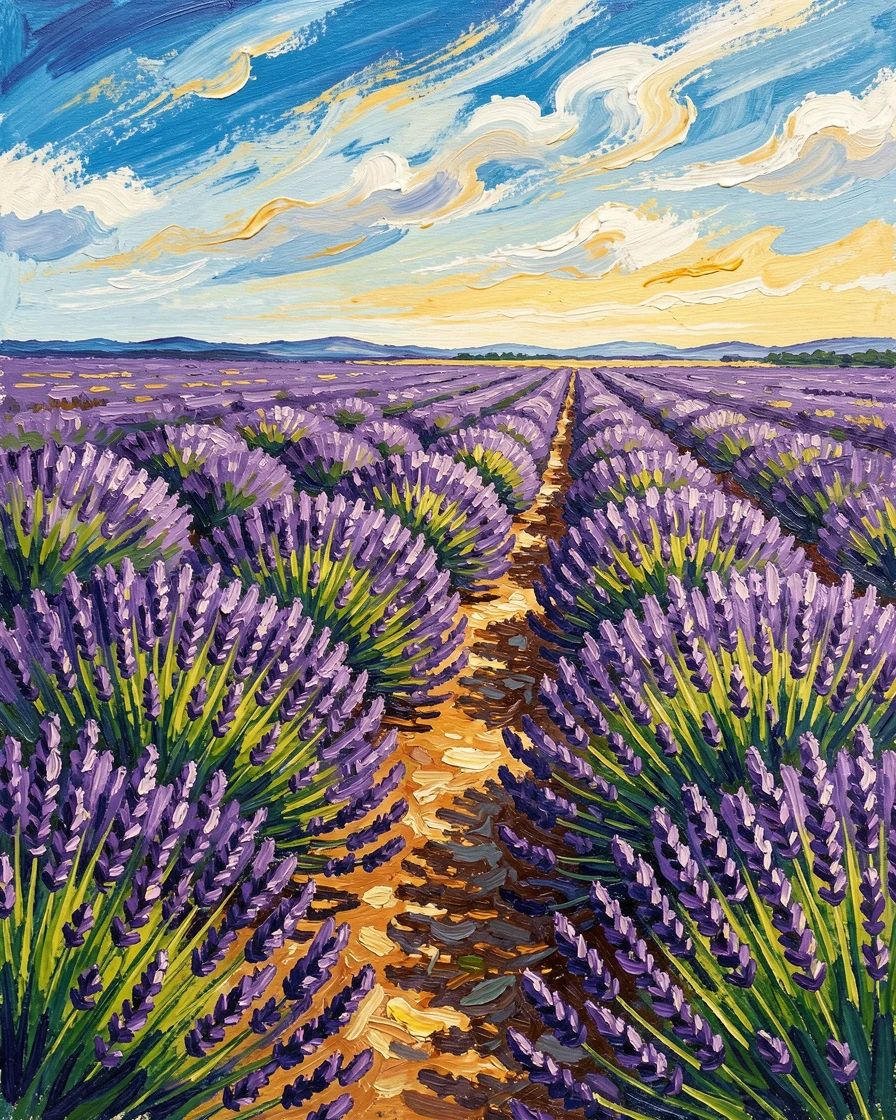 A field of wild lavender stretching to the horizon under a wide summer sky, a narrow dirt path cutting through the purple rows.