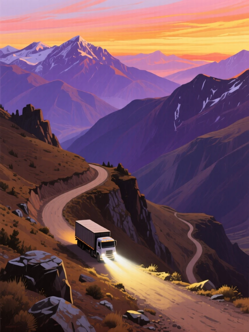 A wide aerial view of the Andes at sunset shows layered ridgelines fading from deep purple to gold, a winding dirt road switchbacking up the nearest slope, and a single truck's headlights cutting through the gathering dusk.