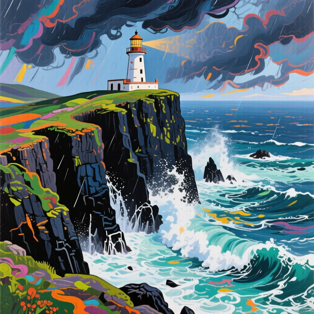 A dramatic sea cliff in Ireland where waves crash against black rock while a lighthouse stands alone against a stormy sky