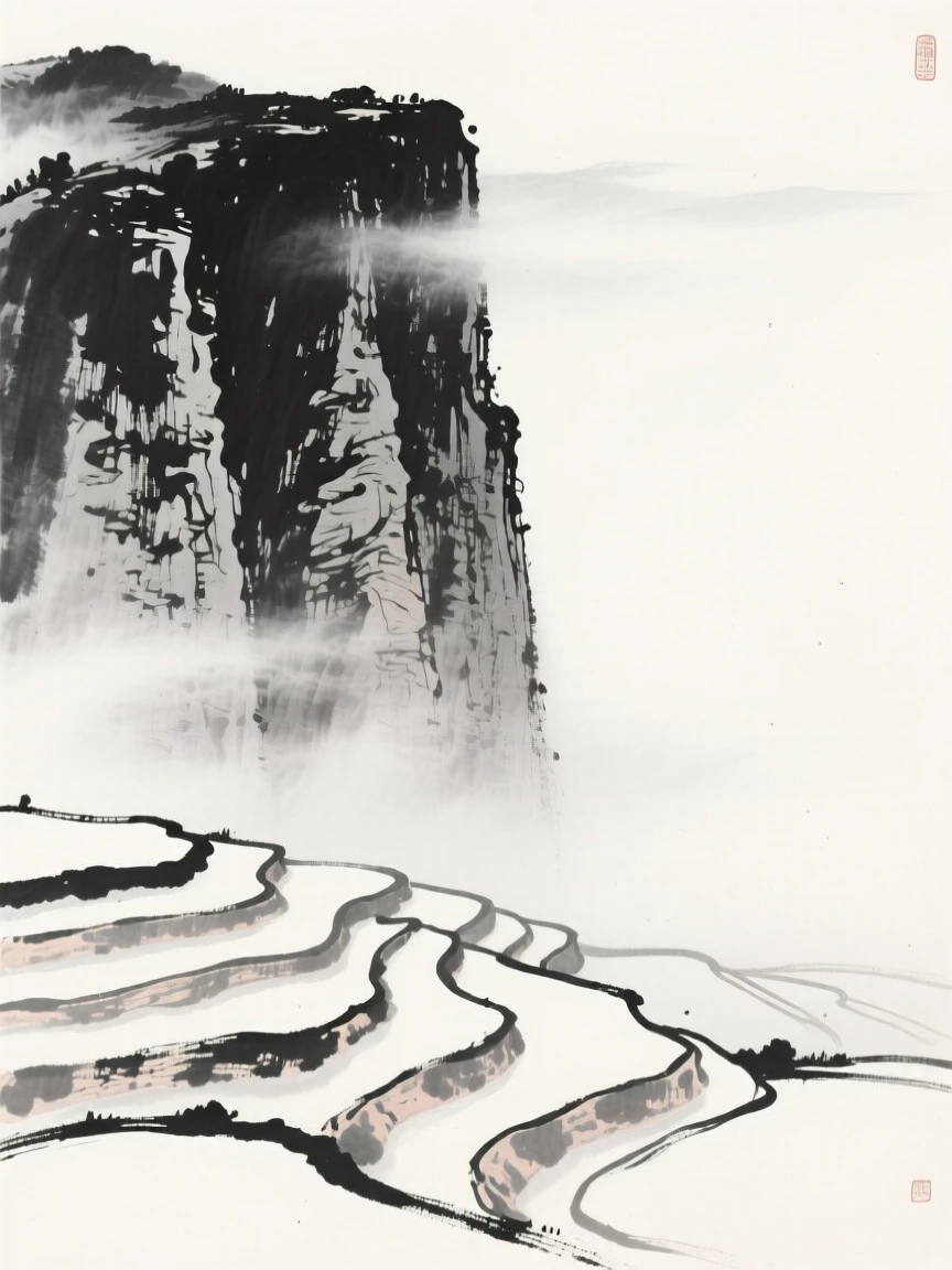 a steep cliff face, half-hidden behind drifting fog, with terraced fields spreading below.