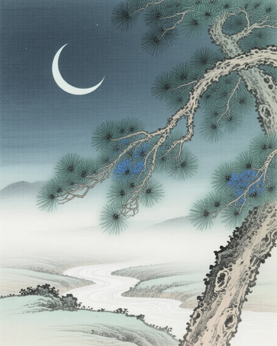 A crescent moon framed by pine branches, with soft mist drifting across the valley floor