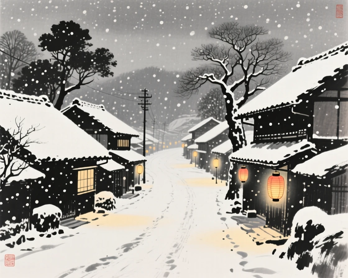 A winter snowfall blanketing a sleeping village along a lantern-lit street, balanced between soft shadow and warm points of light, capturing the quiet magic of a changing season.