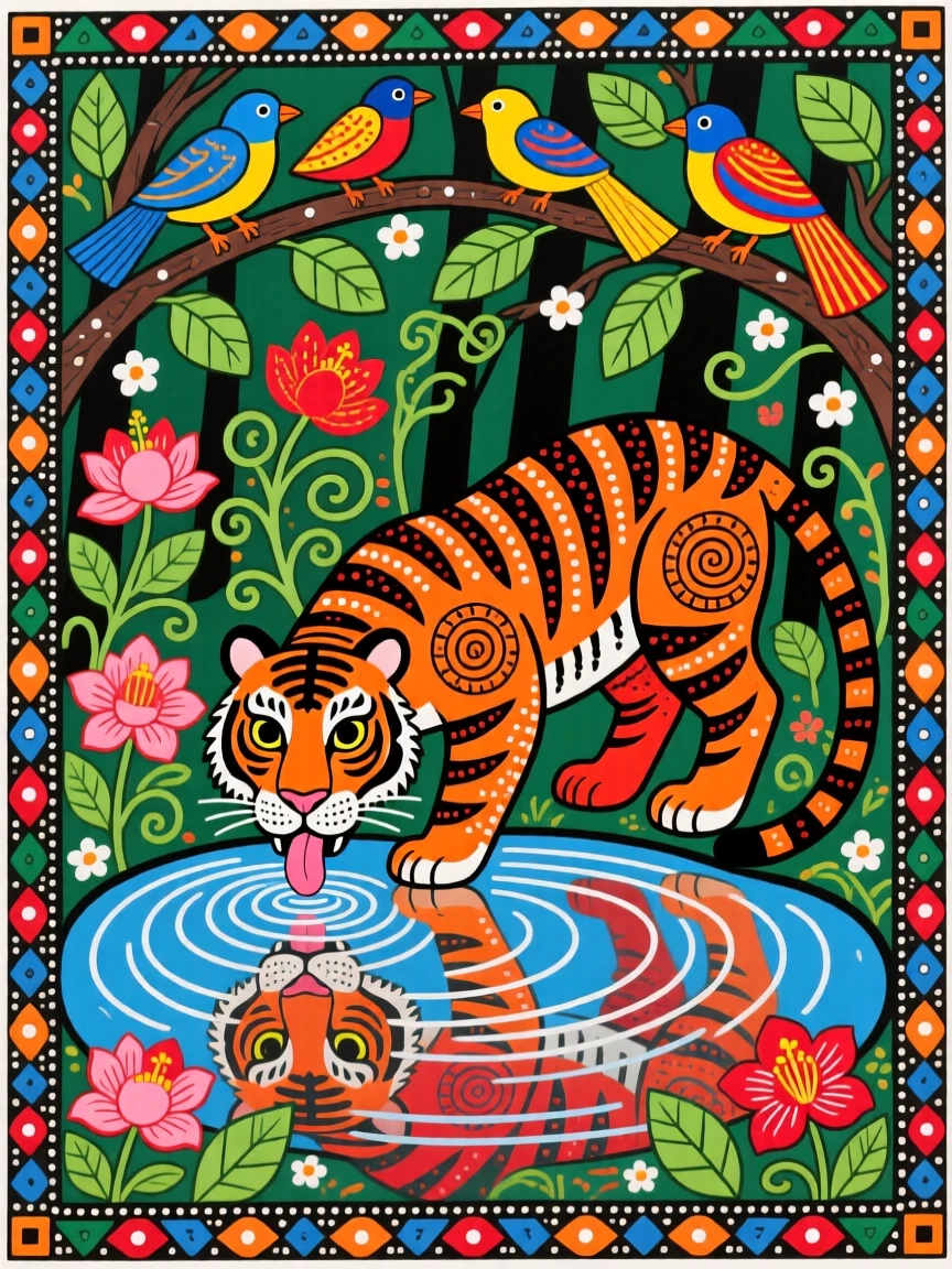 A tiger drinking from a quiet forest pool while birds watch from overhead branches.