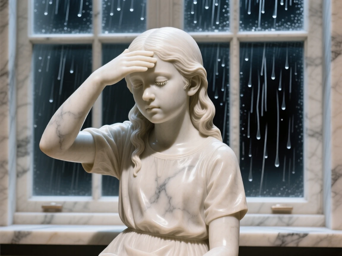 A close-up portrait of a little girl, shielding their eyes from the sun, with a rain-streaked window behind them, radiating quiet emotion and dignity
