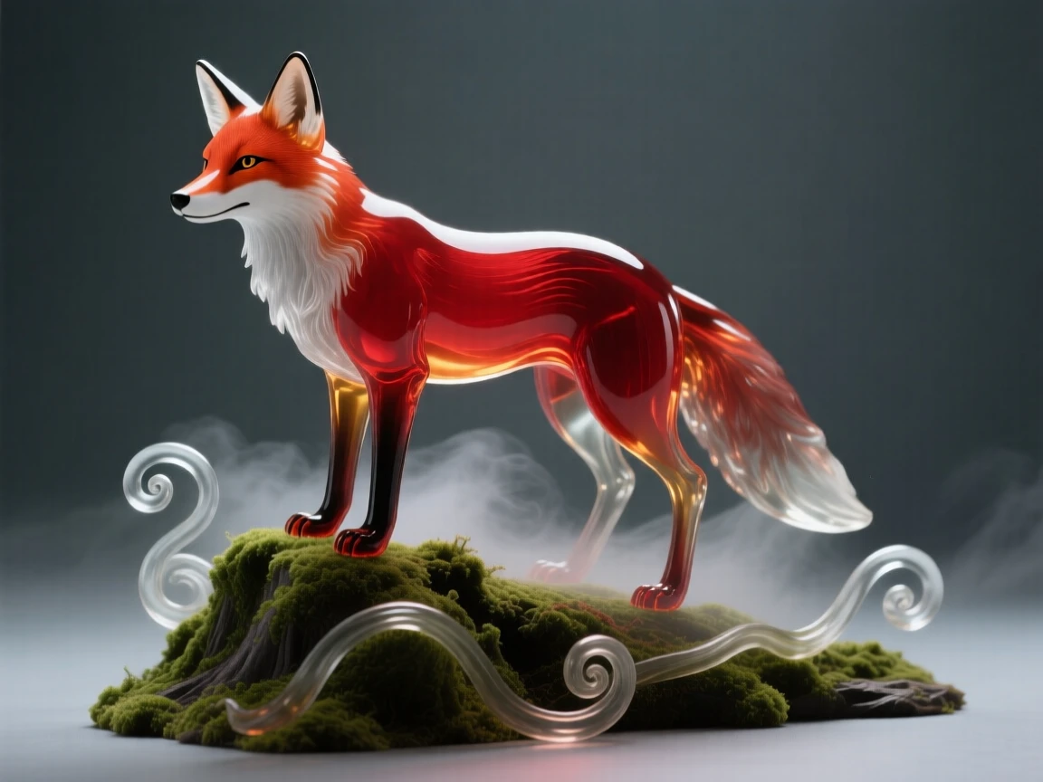 A red fox standing alert on a moss-covered ridge at first light, mist curling around its paws, the scene calm and quietly majestic.