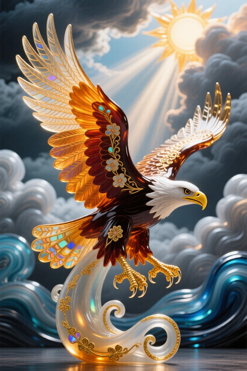 A soaring eagle captured mid-flight against dramatic storm clouds, wings fully outstretched and talons ready, conveying freedom, sunbeams piercing through the clouds behind it.
