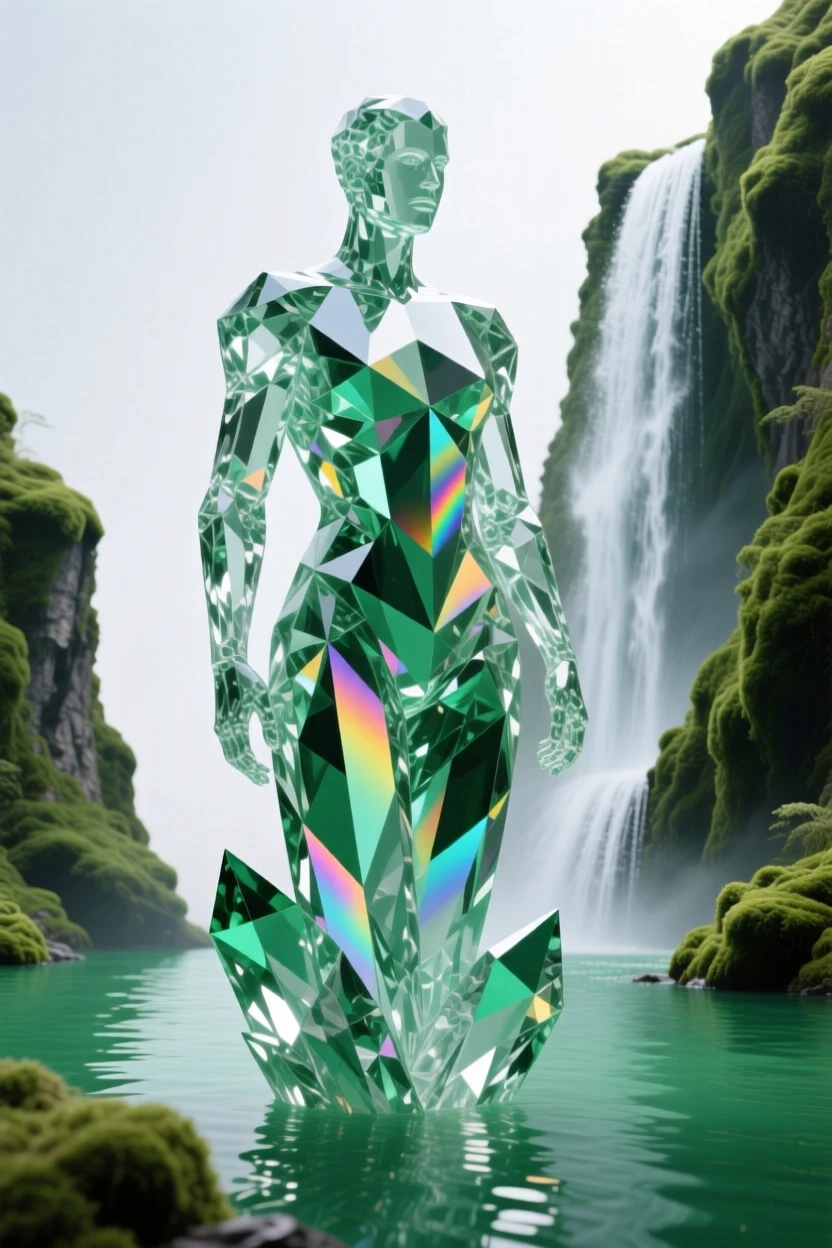 A towering waterfall plunging into a jade-green pool inside a moss-covered canyon, mist rising and catching a faint rainbow.