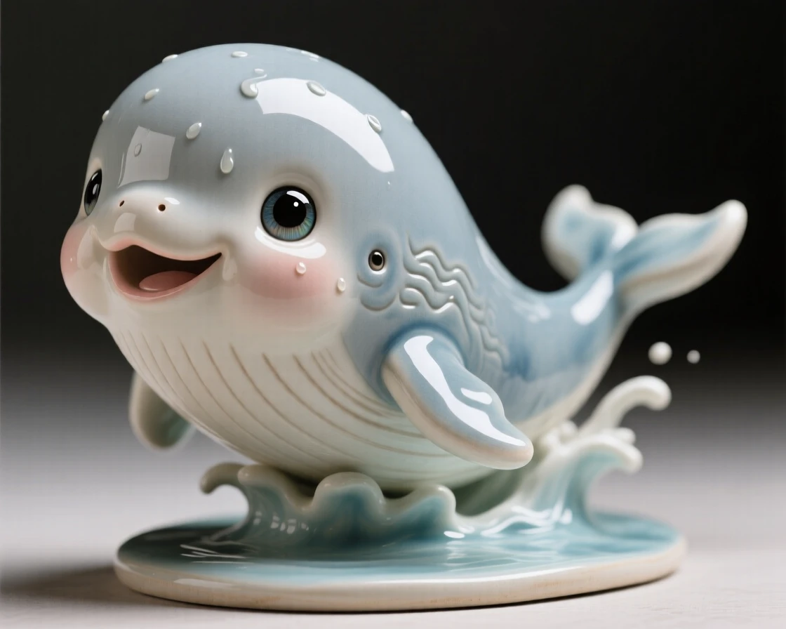 A chubby baby whale breaching playfully captured in an irresistibly endearing pose, with big round eyes full of innocent wonder, evoking pure, heartwarming sweetness.