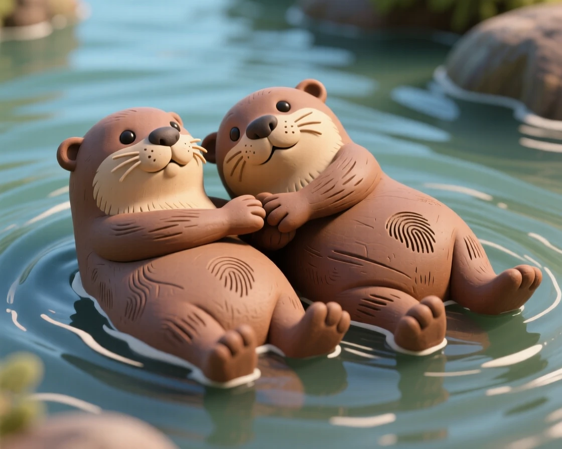 A pair of otters floating on their backs, holding paws across a calm river