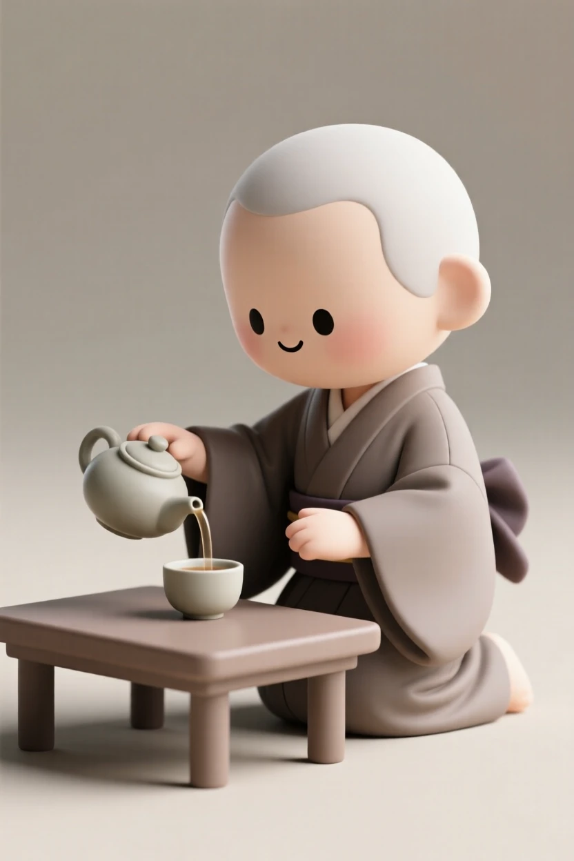 A Japanese tea master kneels gracefully beside a low table, carefully pouring green tea into a small ceramic cup during a quiet afternoon ceremony.