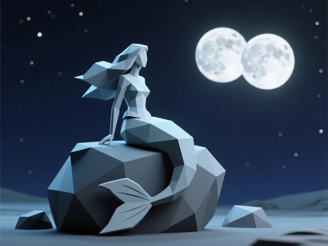 A mermaid perched on a moonlit rock, beneath twin moons glowing in the night sky. the scale of the scene emphasizes its grandeur. There is an air of ancient mystery.
