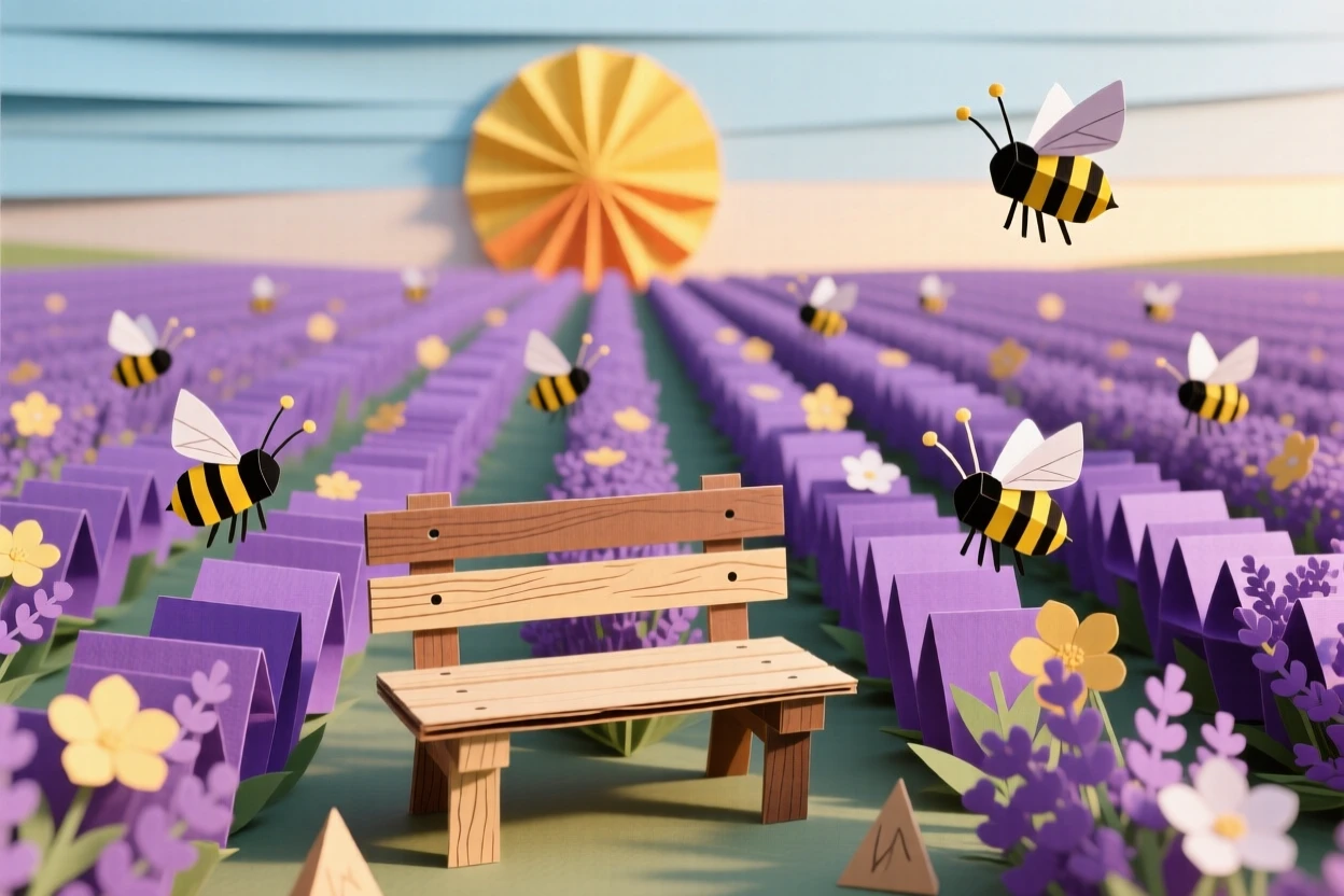 A vast field of lavender rows stretching to the horizon under a golden late-afternoon sun, a single wooden bench placed at the center of the frame, with bees drifting between blossoms and a soft warmth suggesting peaceful summer days.