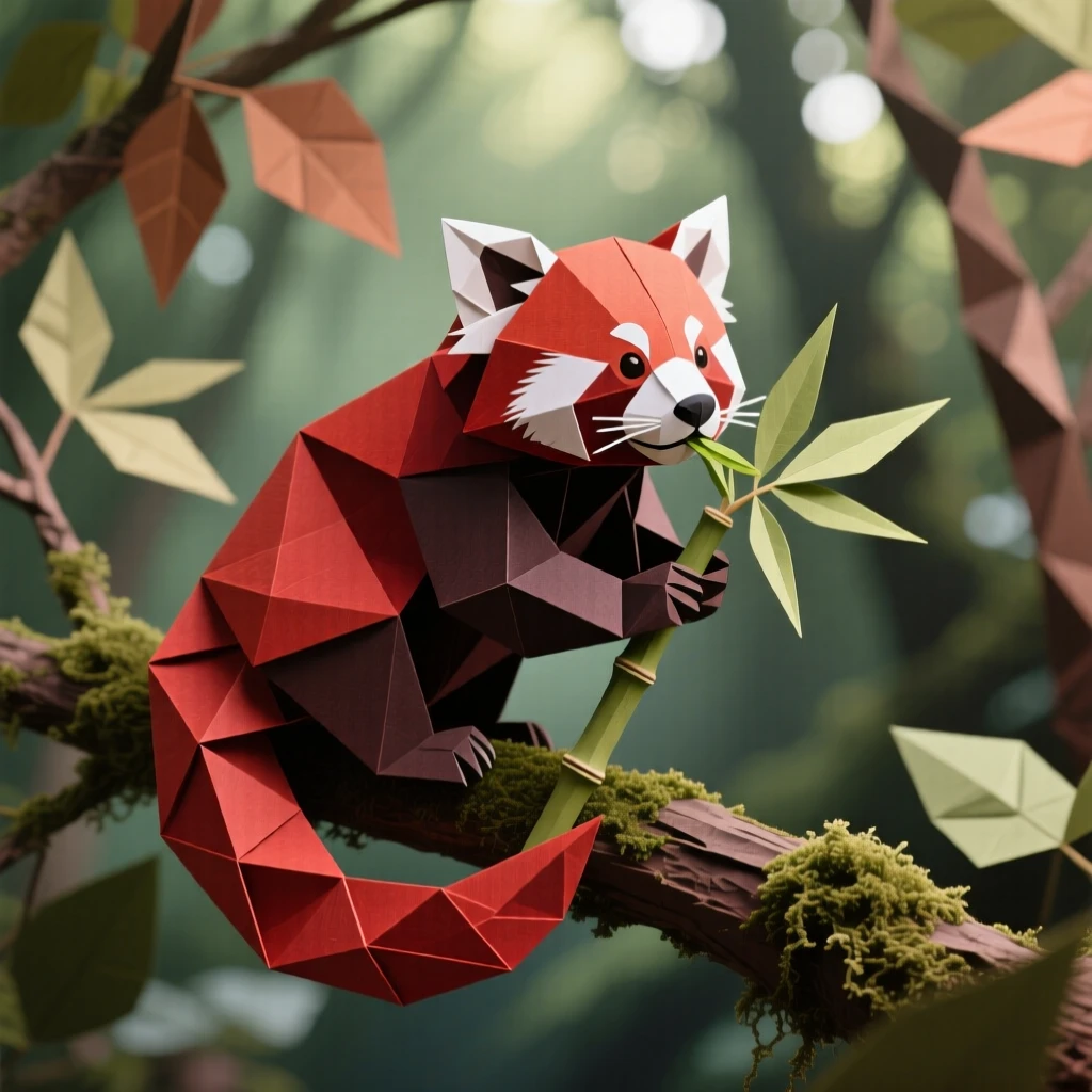 A red panda perched on a mossy branch nibbling a bamboo leaf, tail wrapped around the limb, dappled forest light behind it.
