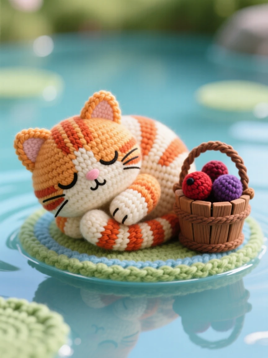 a sleepy orange tabby kitten with big round eyes and tiny whiskers is shown curled into a tight ball with one paw over its nose within the edge of a calm, glassy pond, accompanied by a small wooden bucket half filled with berries, capturing gentle trust and quiet companionship.