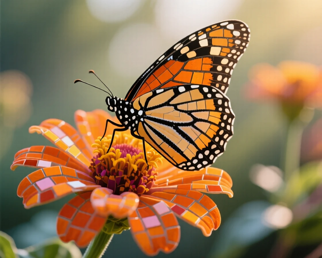 A monarch butterfly resting on a bright orange flower, captured in soft natural light with a shallow depth of field.