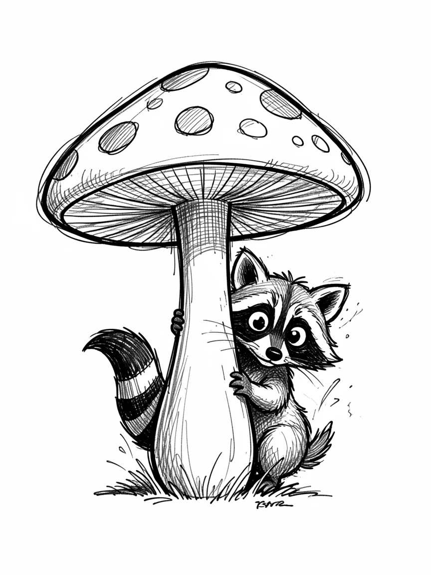 A curious raccoon peeking from behind a mushroom.