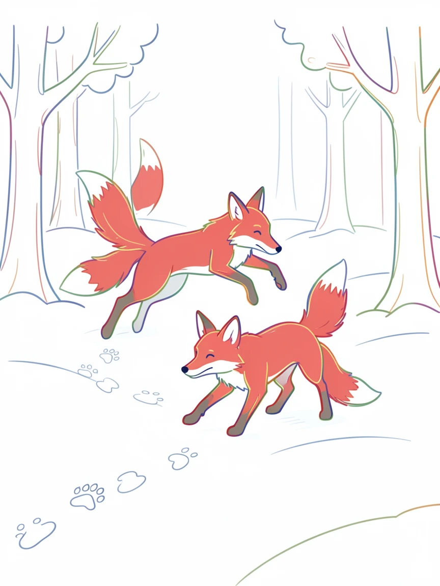 A pair of red foxes playing in a snowy forest clearing, one mid-pounce over the other, paw prints trailing behind them in the snow.