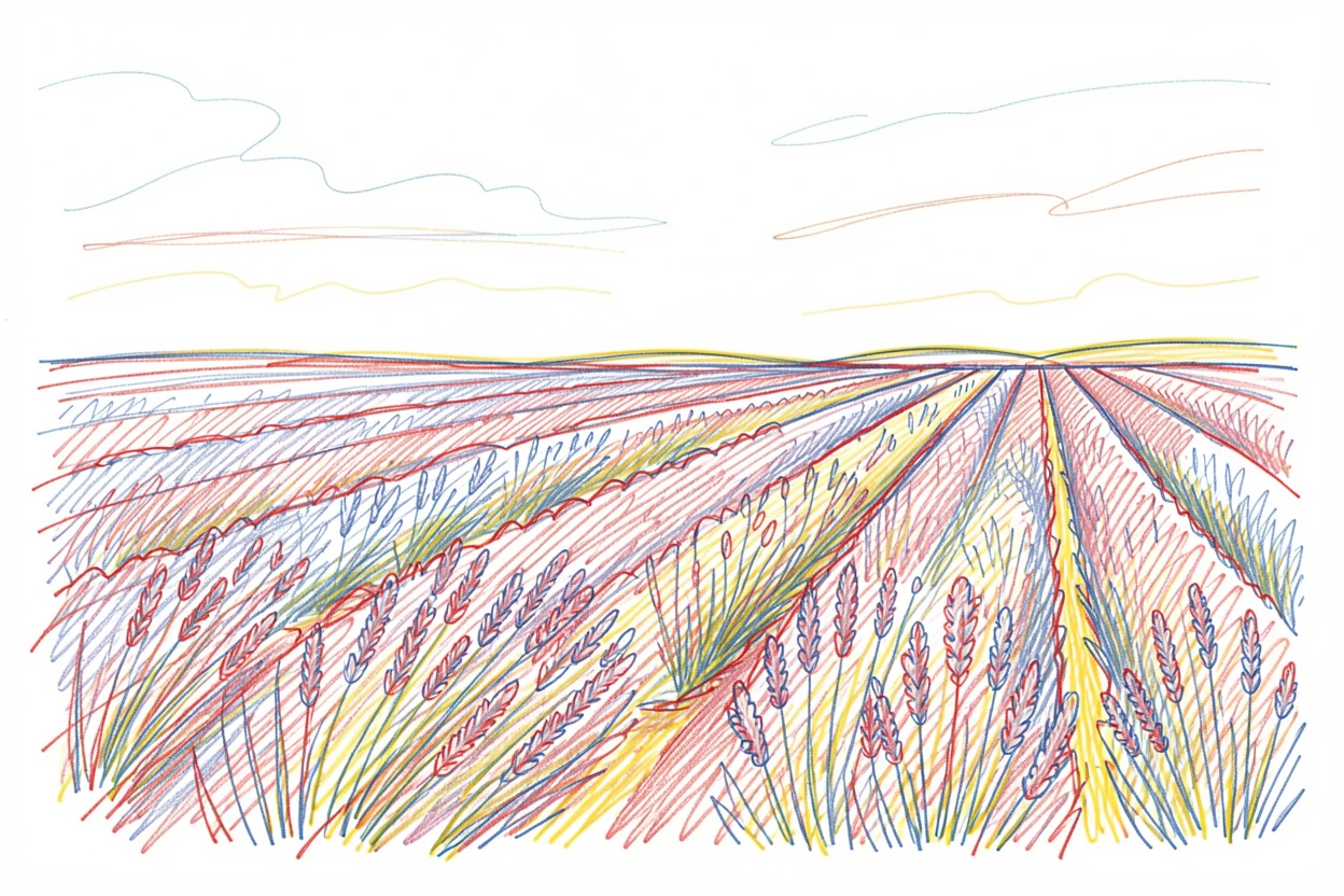 A vast field of lavender rows stretching to the horizon under a soft evening sky