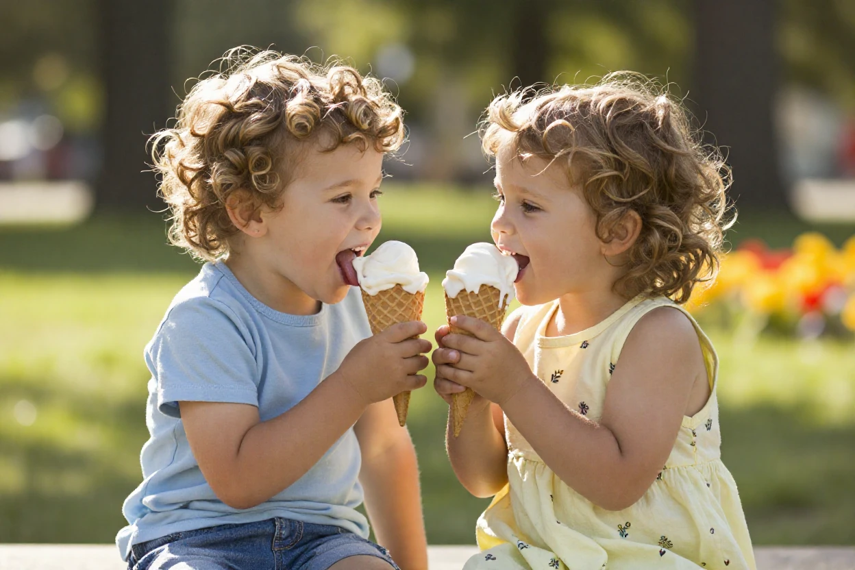Twin toddlers sharing an ice cream cone