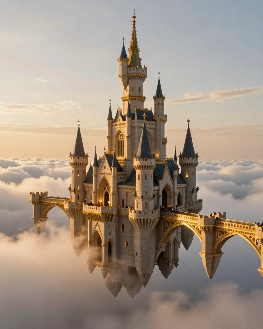 A castle floating among the clouds, connected by bridges of golden light