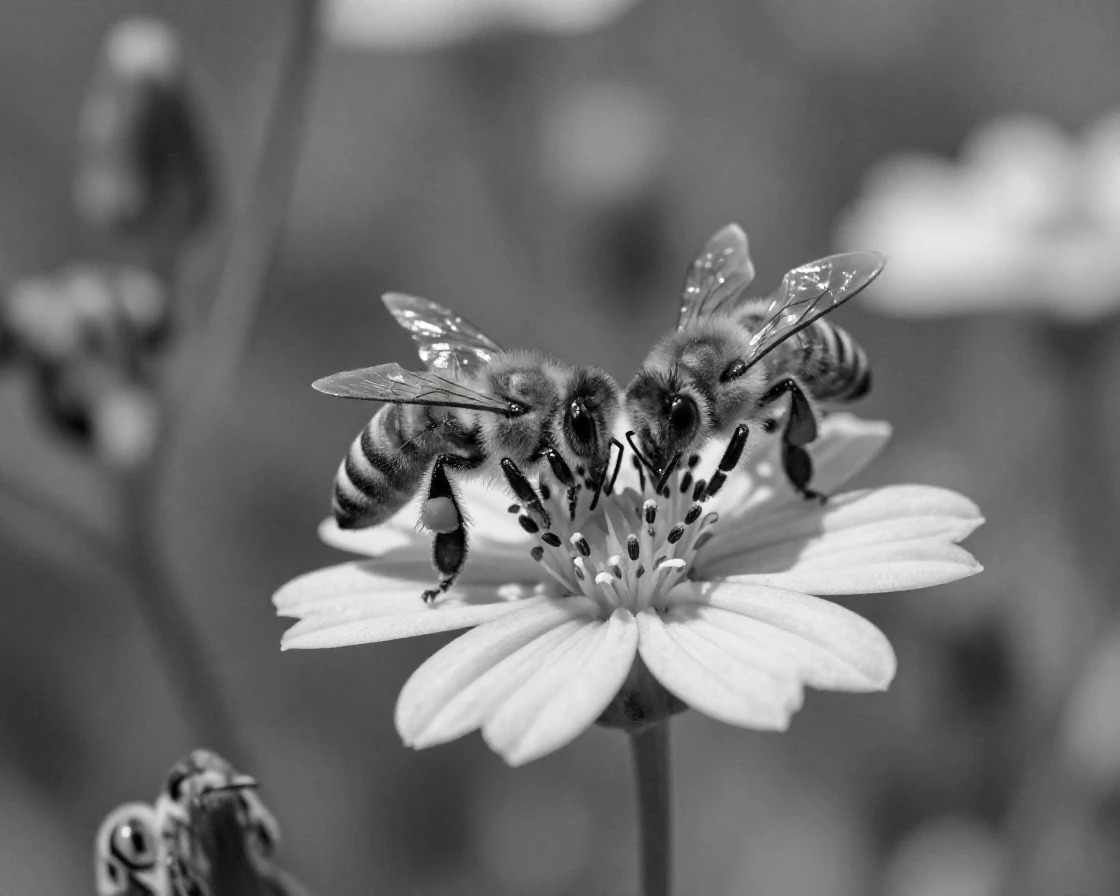 A swarm of honeybees gathers pollen from a blooming flower in a wildflower meadow.