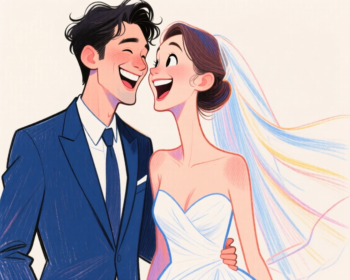 A newlywed couple standing forehead to forehead, the groom in a sharp navy suit and the bride in a flowing white gown, both laughing mid-joke.