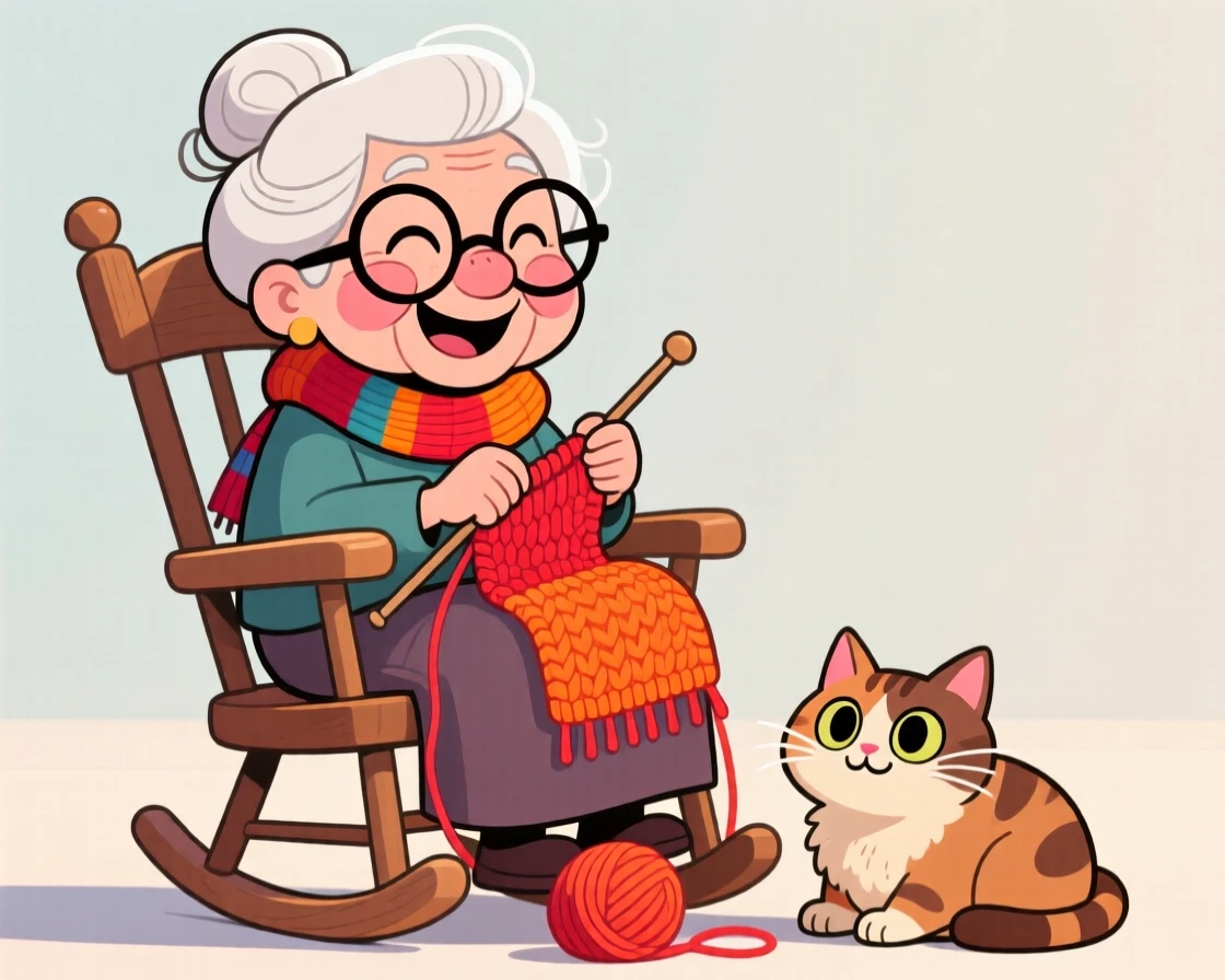 A charming portrait of a cheerful grandmother with round glasses and rosy cheeks, knitting a scarf while sitting in a rocking chair with a cat curled at her feet.